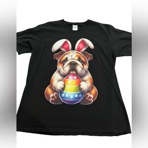 Port Authority Black Tee with Bulldog and Easter Egg Design